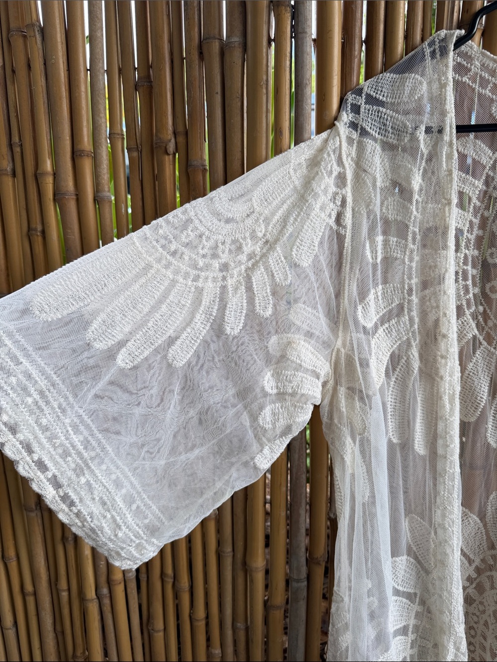 Sheer Ivory Embroidered Swim Coverup Kimono